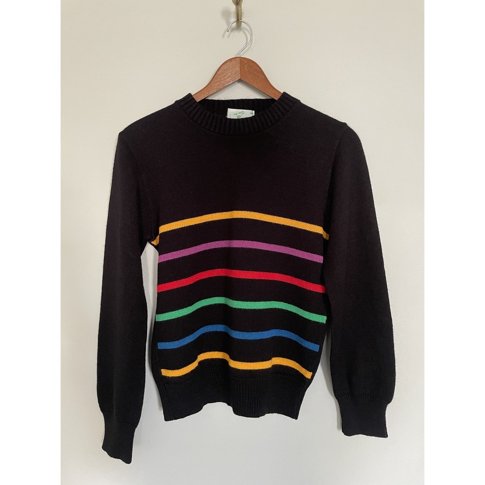 VTG Wrangler Black‎ With Colorful Stripe Knit Pullover Crew Neck Sweater. S/M.